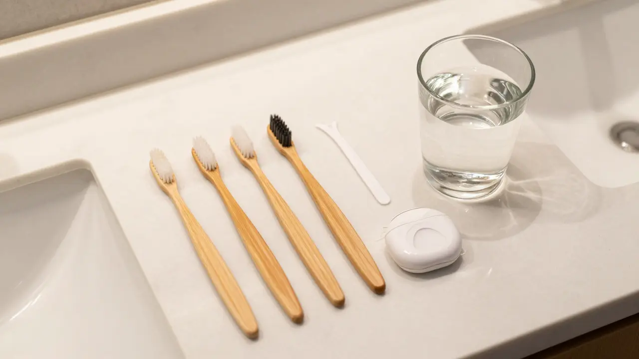 Sada pro večerní hygienu chrupu včetně kartáčku, mezizubních kartáčků, nitě a čističe jazyka.