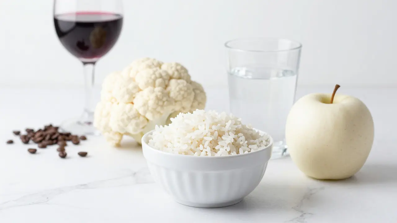 Sestava bílých potravin na mramorovém stole představující bílou dietu.