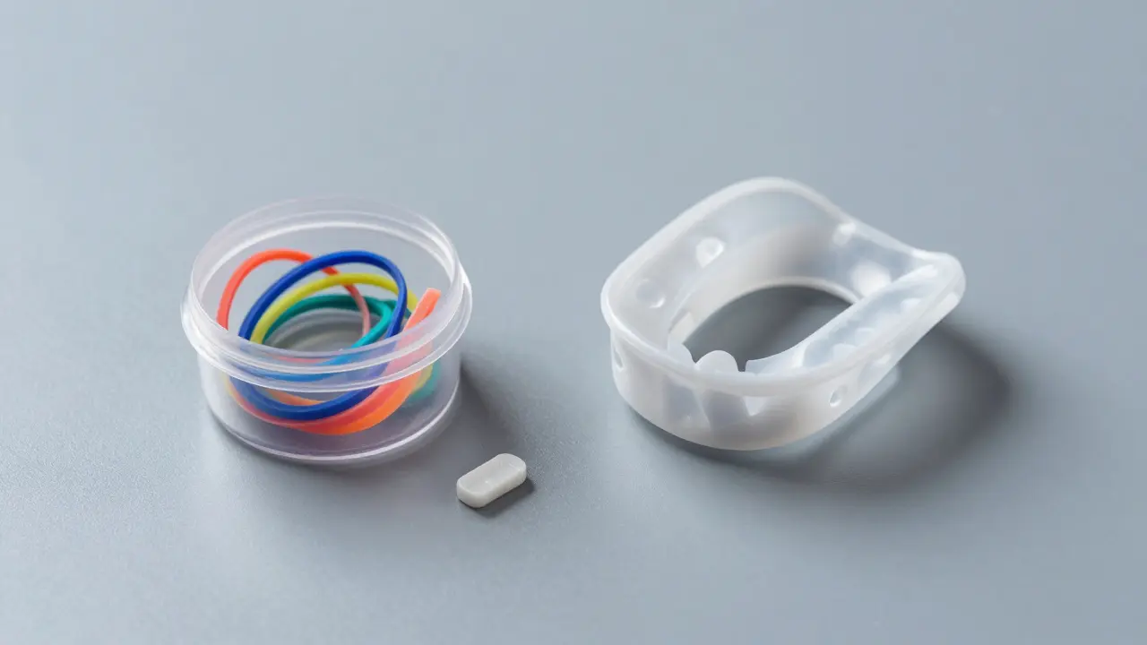 Sportovní šupák, náhradní ortodontické gumičky a vosk na šedém podkladu.