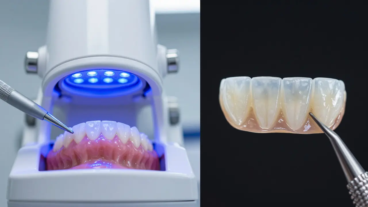 Srovnání procesu bělení zubů LED světlem a detail keramické fázety.