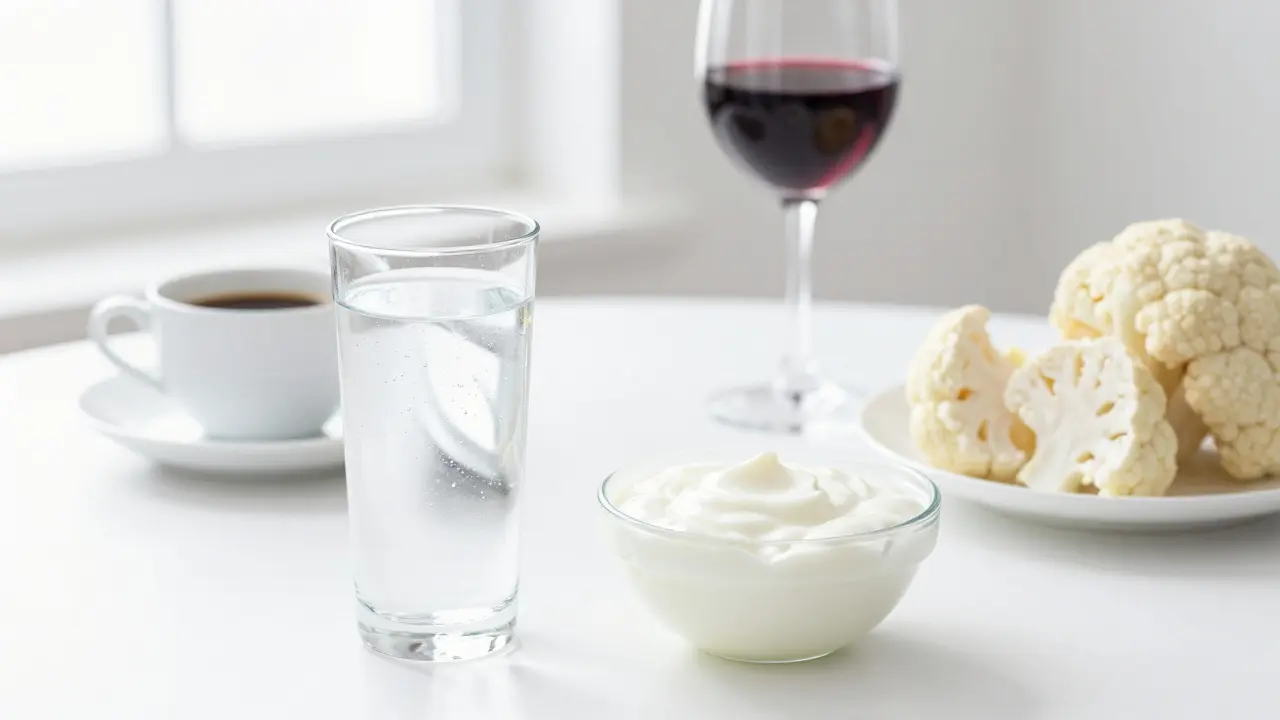 Stůl s bílými potravinami a vodou, vedle kterých jsou stranou odsunutá káva a víno.