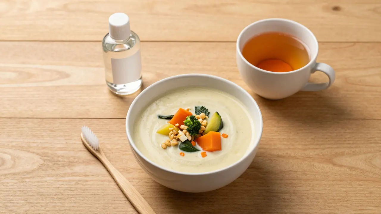 Stůl s měkkými potravinami a pomůckami pro hygienu během hojení dásní.