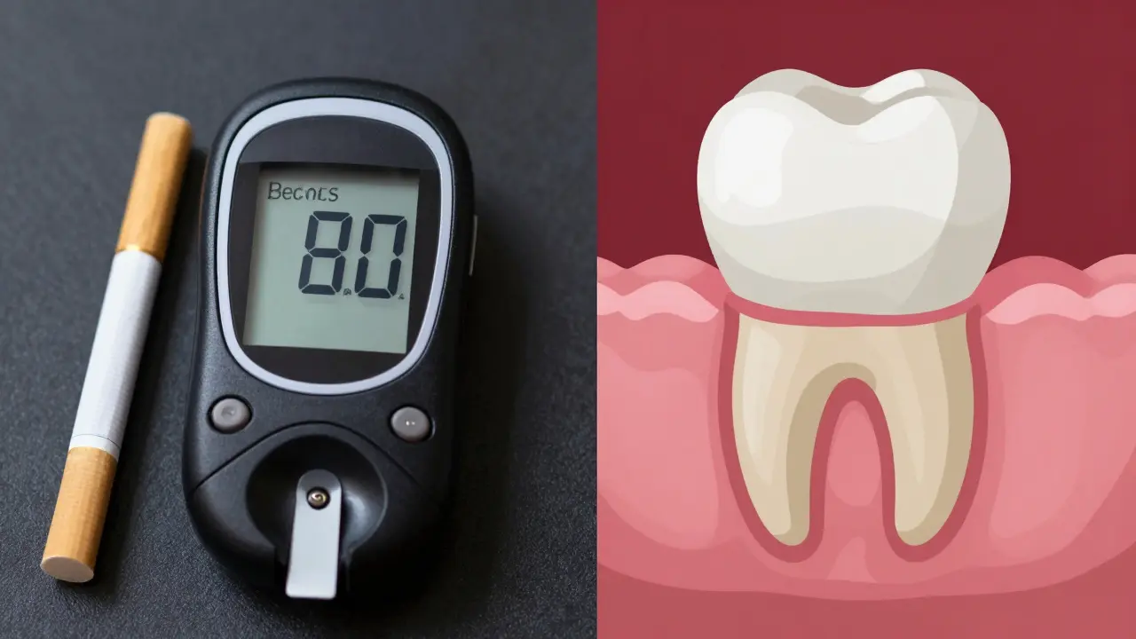 Vliv kouření a cukrovky na vznik parodontálních kapes a úbytek kosti.