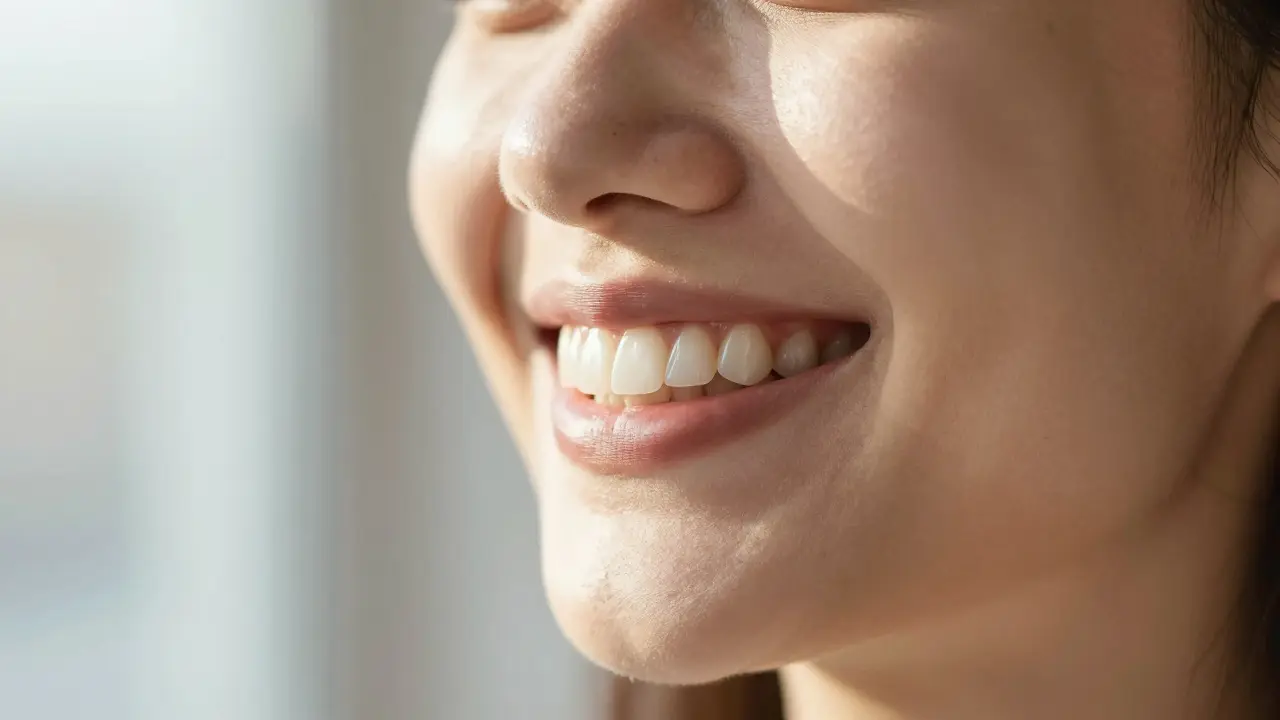 Zblízka sebevědomý úsměv s perfektními zubními fazetami v přirozeném světle.