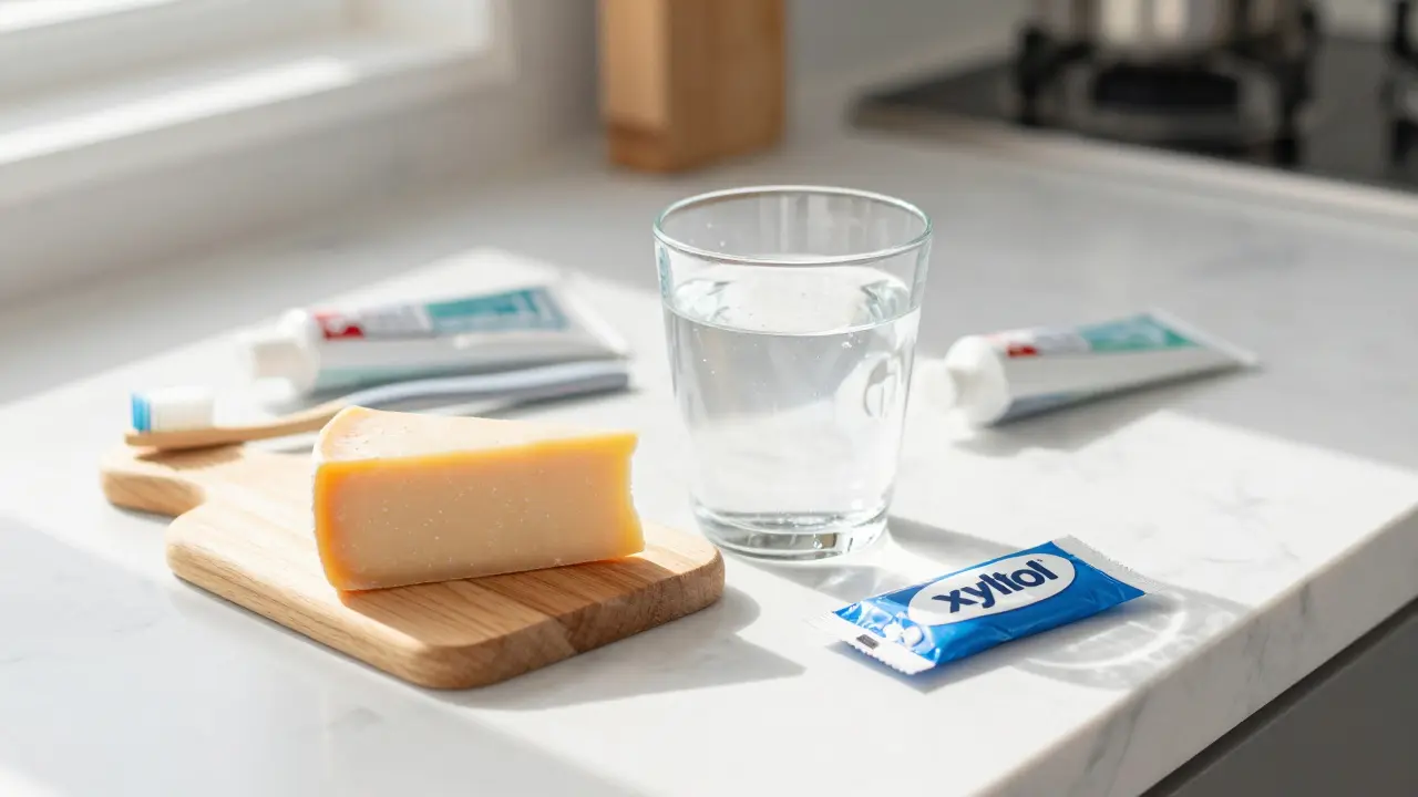 Zdravá strava pro zuby: tvrdý sýr, voda a xylitolové žvýkačky na stole.