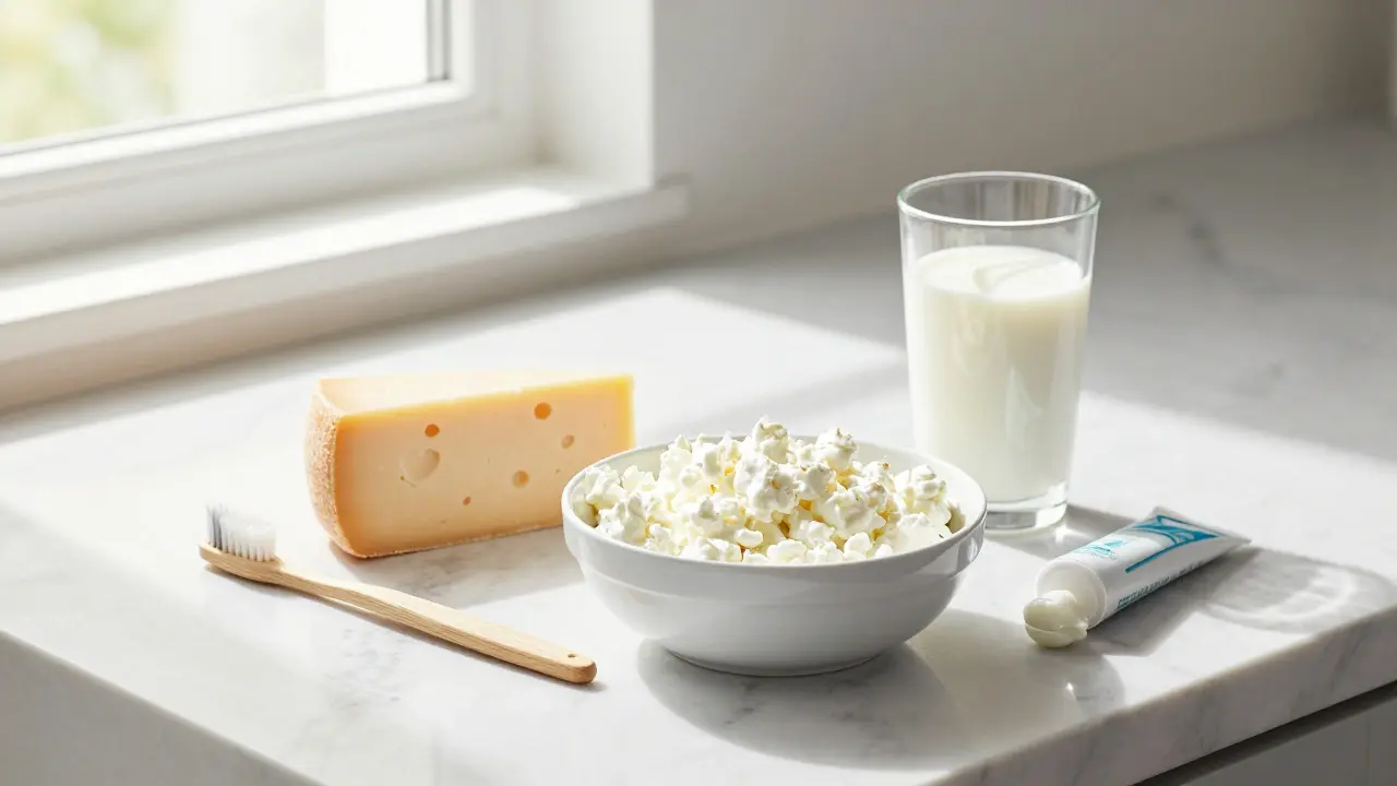 Zdravé potraviny bohaté na vápník a zubní kartáček na světlém stole.