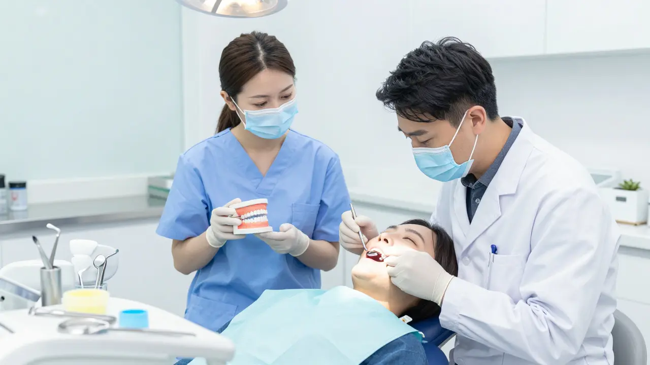 Dentista vyšetřuje pacienta v ordinaci