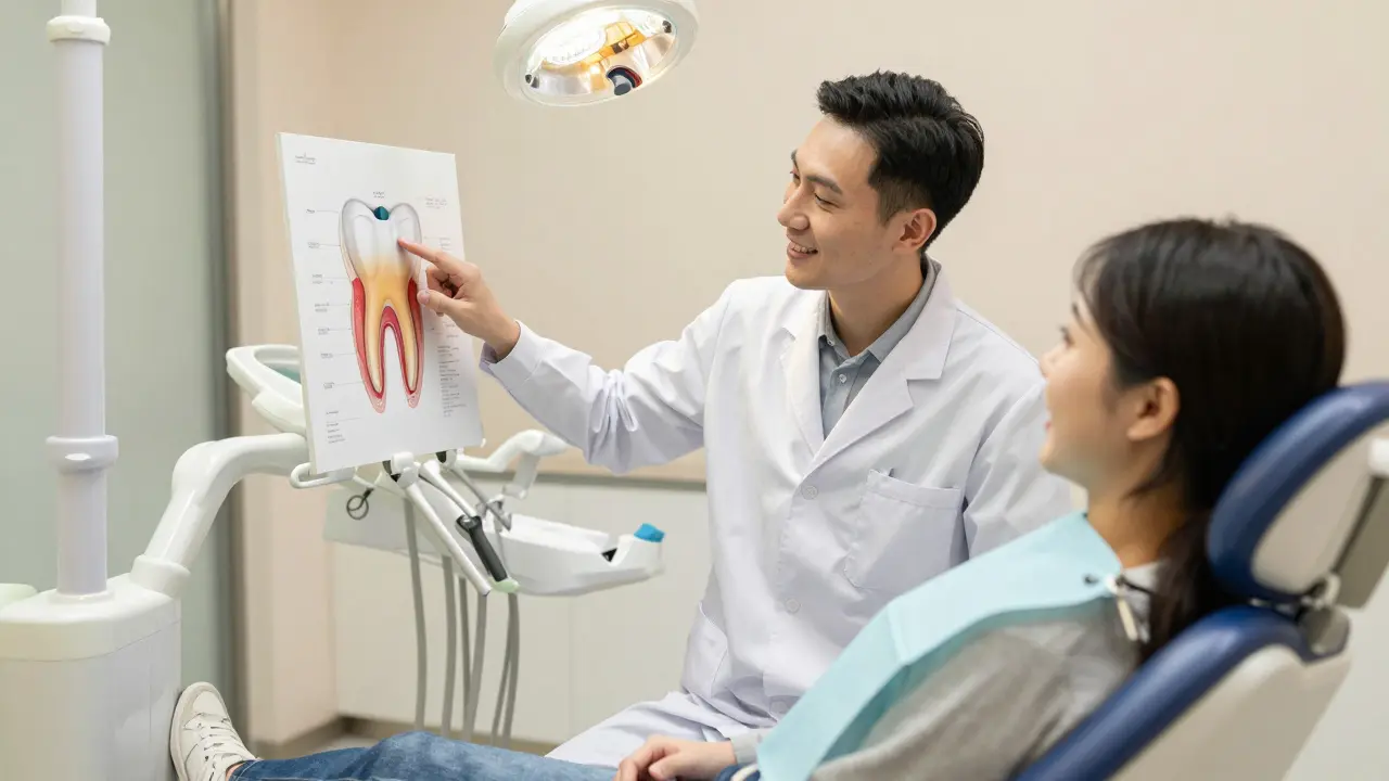 Dentista vysvětluje pacientovi péči o zuby v moderní ordinaci