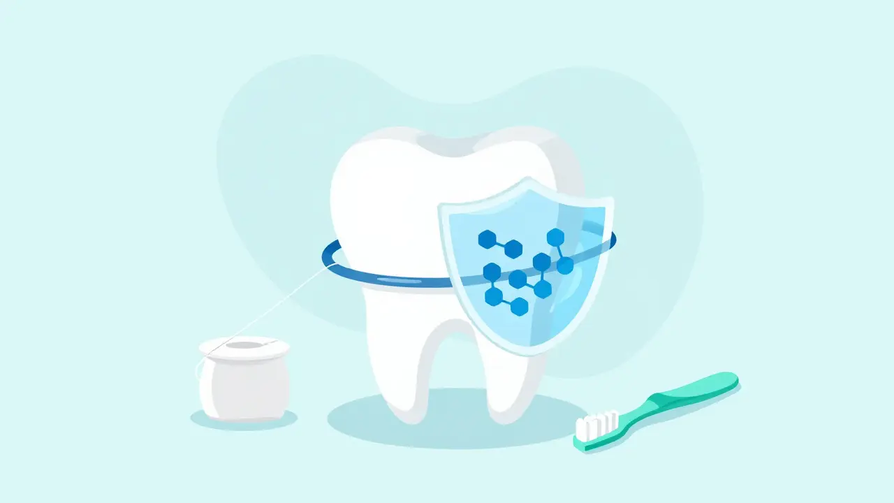 Ilustrace prevence: čištění zubů nití a ochrana fluoridem.