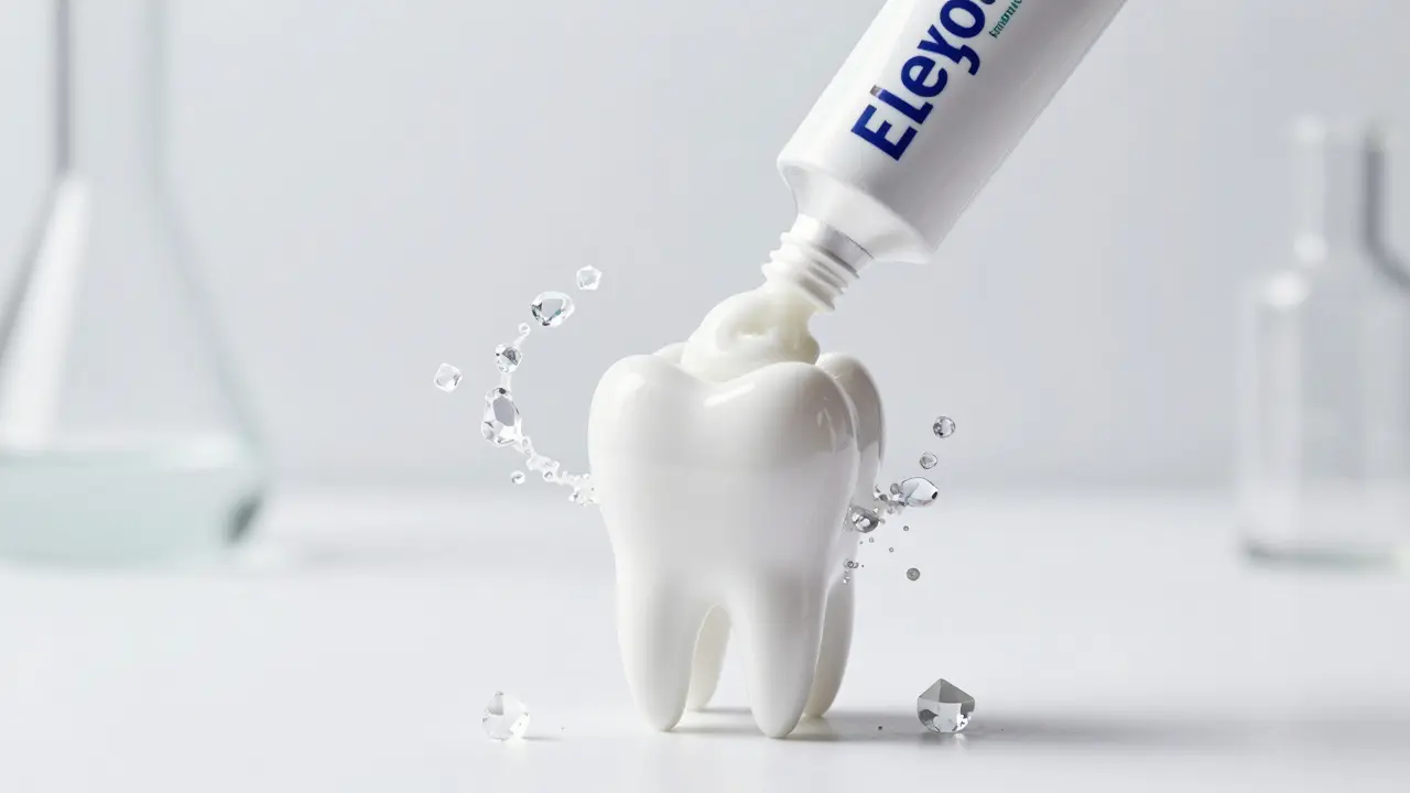 Konceptuální záběr zubu během remineralizace fluoridem a minerály