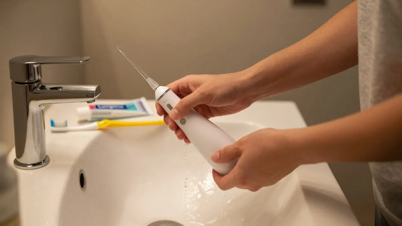 Používání ústní sprchy nad umyvadlem jako součást hygieny