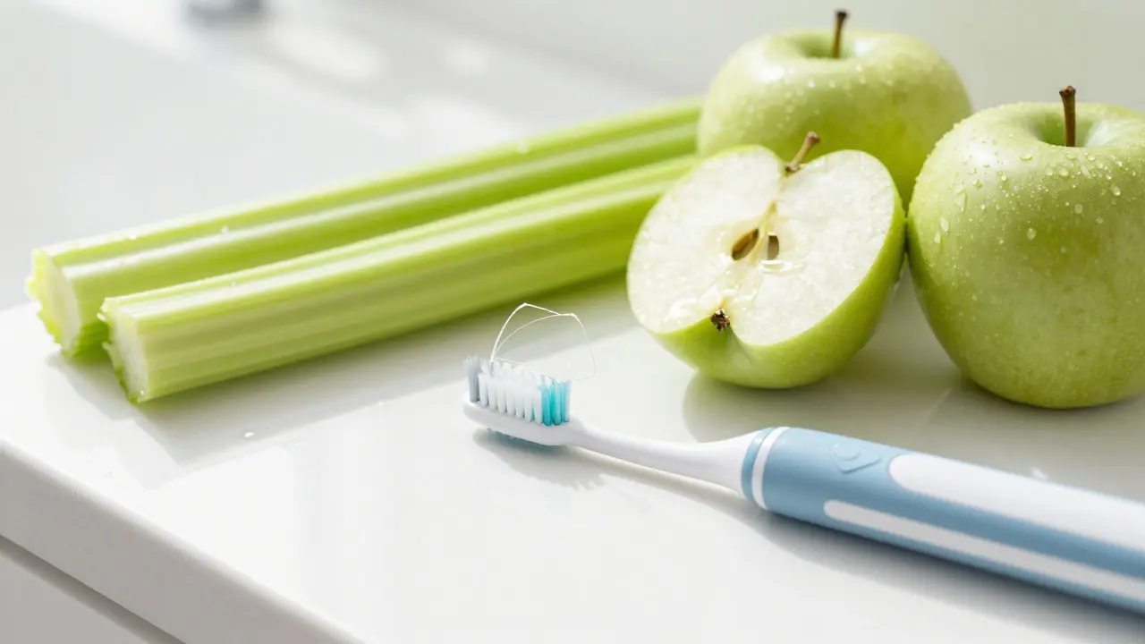 Zubní kartáček a čerstvá zelenina pro prevenci