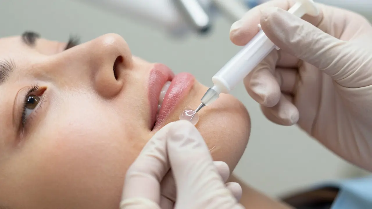 Zubní lékař aplikuje znecitlivěující gel na dásně před injekcí